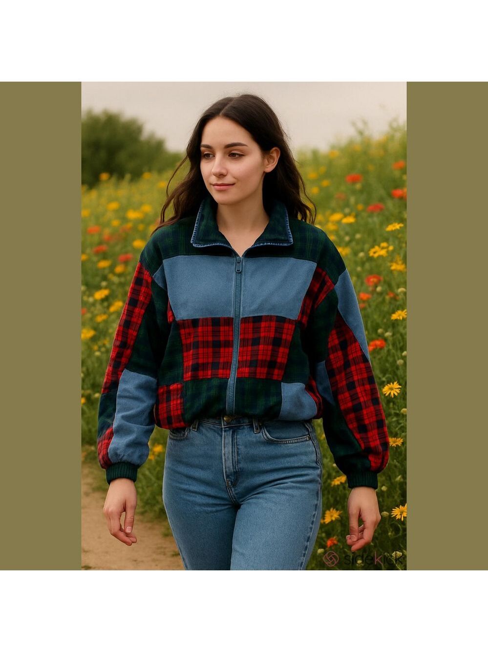 Vintage 90s Jean Jacket Patchwork Color Block Plaid Denim Jacket cottagecore